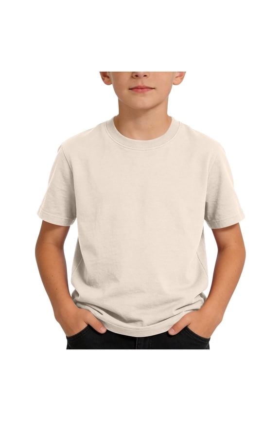 Boys Cotton T-shirts, Casual Crew Neck Short Sleeve Soft Summer Tops for Boy Beige Size 14-16