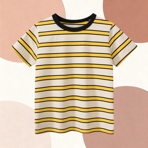 Cethrio Boys Cotton T-shirts, Crew Neck Pullover Striped Short Sleeve Summer Tops for Boy Yellow Size 8