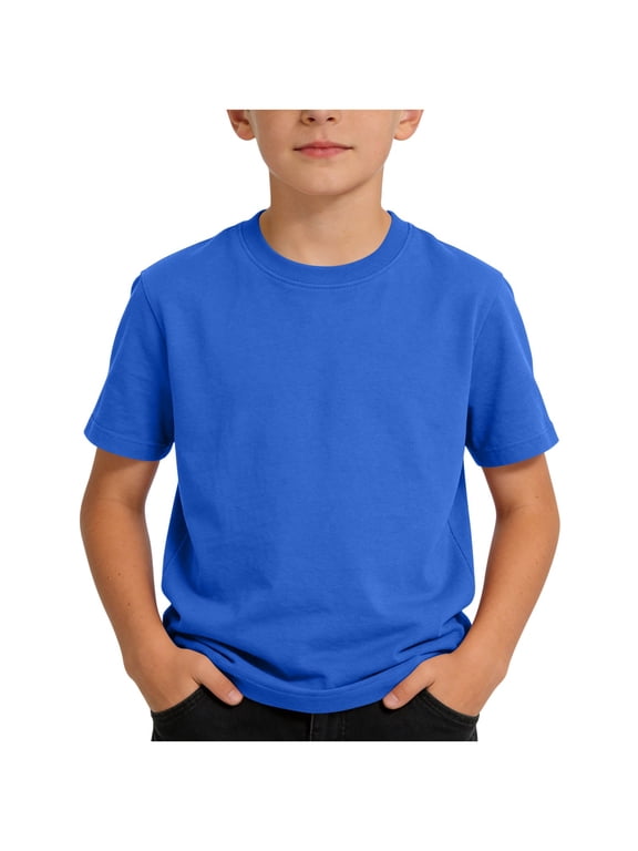 Boys Cotton T-shirts, Crew Neck Soft Short Sleeve Casual Summer Tops for Boy Blue Size 14-16