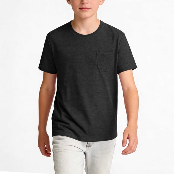 Cethrio Boys Cotton T-shirts, Short Sleeve Breathable Casual Crew Neck Kids Summer Tops with Pockets Black Size 7-8 T