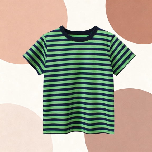 Cethrio Boys Cotton T-shirts, Short Sleeve Crew Neck Soft Striped Summer Tops for Boy Green Size 6