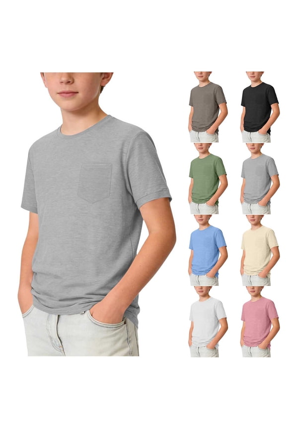 Boys Cotton T-shirts Size 10-12, Crew Neck Breathable Short Sleeve Casual Kids Summer Tops with Pockets Gray Size 5-15T