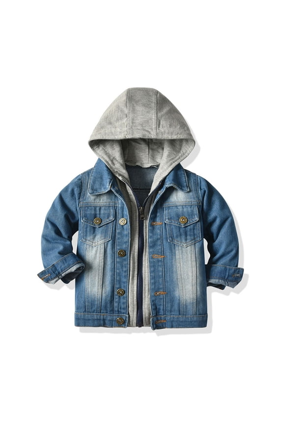 Boys Denim Jackets, Zipper Hooded Casual Long Sleeve Boys Outerwear Blue Size 10