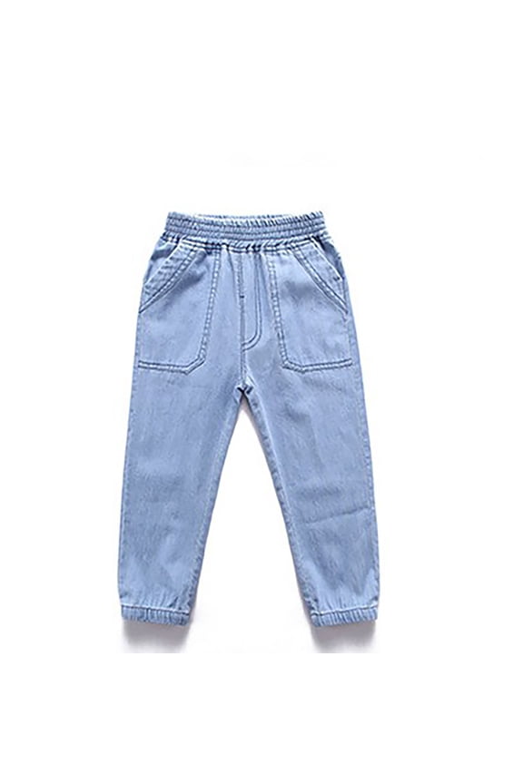Boys Denim Pants, Elastic Waist Drawstring Cotton Kids Jeans Light Blue Size 3-4 T