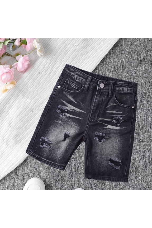 Boys Denim Shorts, Elastic Waist Summer Knee Length Casual Ripped Jeans Black Size 8