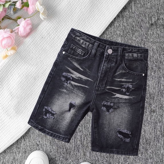 Cethrio Boys Denim Shorts, Knee Length Elastic Waist Casual Summer Ripped Jeans Black Size 12-13 T