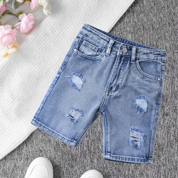 Cethrio Boys Denim Shorts, Summer Elastic Waist Knee Length Casual Ripped Jeans Dark Blue Size 10-12