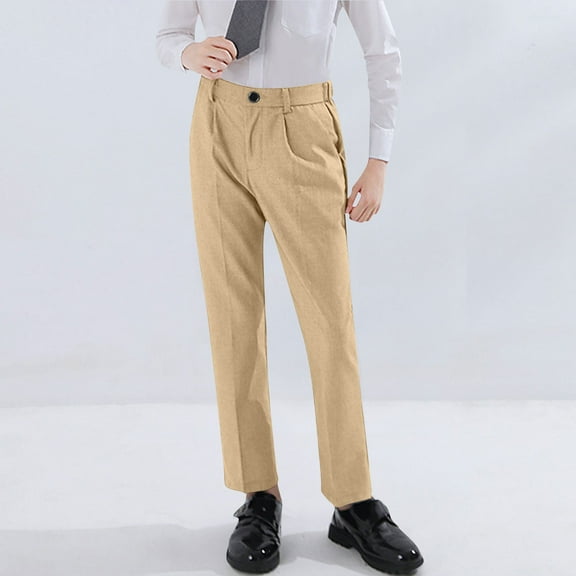 Cethrio Boys Dress Pants, Buttons Mid Waist Straight Leg Casual School Uniform Pants Khaki Size 10-12