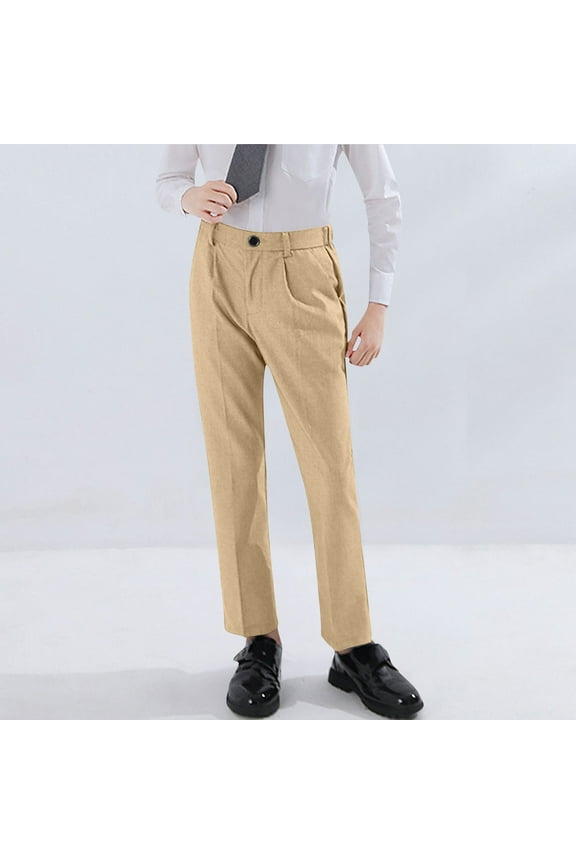 Boys Dress Pants, Buttons Mid Waist Straight Leg Casual School Uniform Pants Khaki Size 10-12