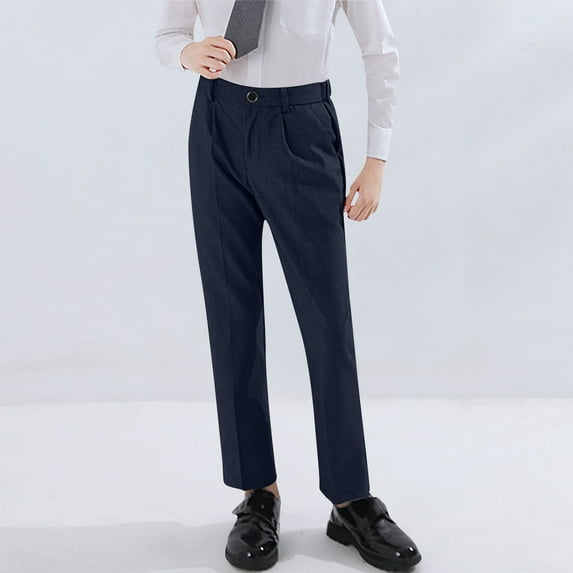 Cethrio Boys Dress Pants, Mid Waist Casual Buttons Straight Leg School Uniform Pants Navy Size 7-8