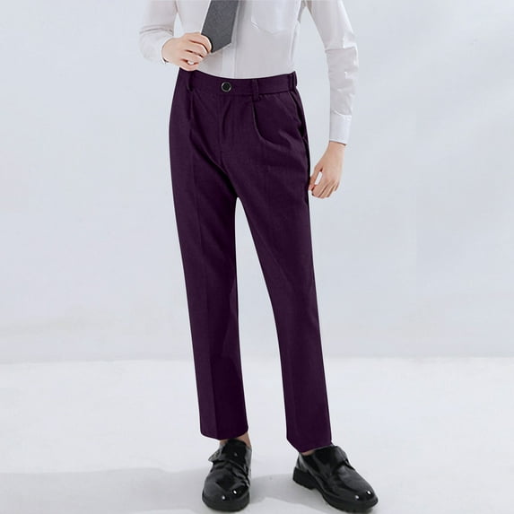 Cethrio Boys Dress Pants, Mid Waist Straight Leg Casual Buttons School Uniform Pants Purple Size 14-16