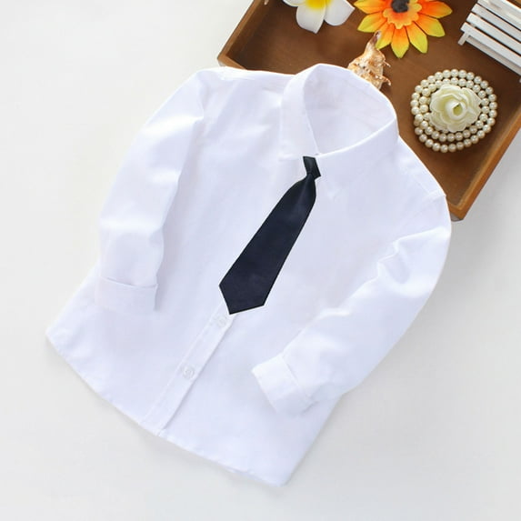 Cethrio Boys Dress Shirts, Long Sleeve Cotton Turn-down Collar Casual Tops White Size 4 T