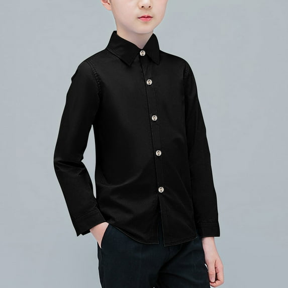 Cethrio Boys Dress Shirts, Long Sleeve Turn-down Collar Cotton Casual Tops Black Size 8 T
