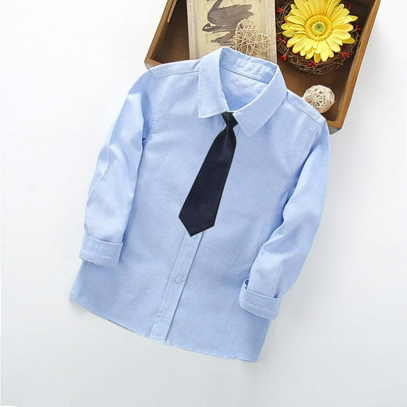 Cethrio Boys Dress Shirts, Turn-down Collar Cotton Long Sleeve Casual Tops Blue Size 10 T