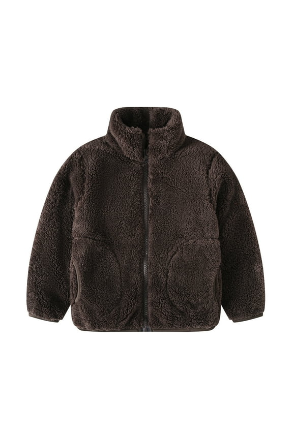 Boys Fleece Jacket, Warm Casual Stand-up Collar Full Zip Winter Outerwear Brown Size 10-12