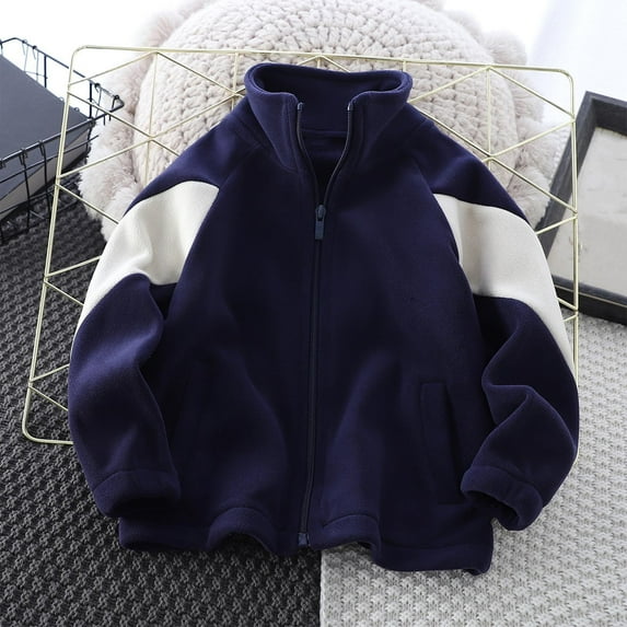 Cethrio Boys Fleece Jackets, Warm Long Sleeve Full Zip Winter Outerwear with Pockets Navy Size 6-7