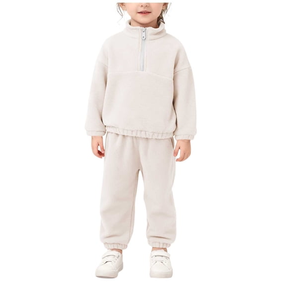 Cethrio Boys Fleece Outfit Sets, Long Sleeve Half Zip 2 Piece Sweatshirts and Sweatpants Sets Beige Size 6-7 T