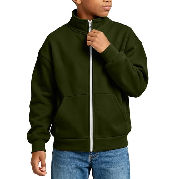 Cethrio Boys Full Zip Sweatshirts, Casual Long Sleeve Stand Collar Fleece-lined Fall Jackets with Pockets Size 7-8 Years Army Green