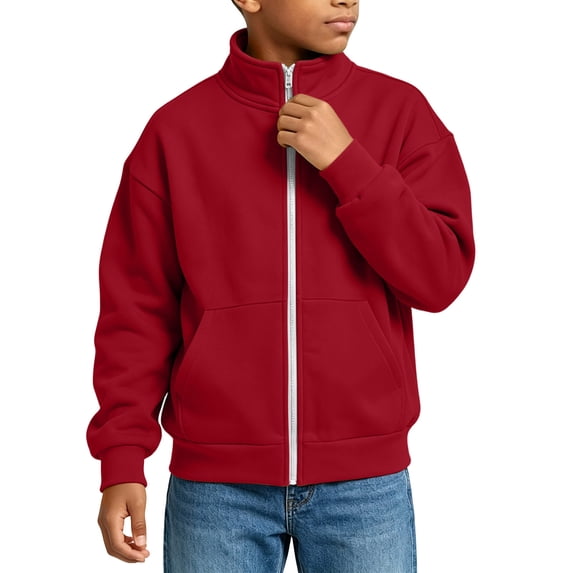 Cethrio Boys Full Zip Sweatshirts, Fleece-lined Casual Long Sleeve Stand Collar Fall Jackets with Pockets Size 9-10 Years Wine
