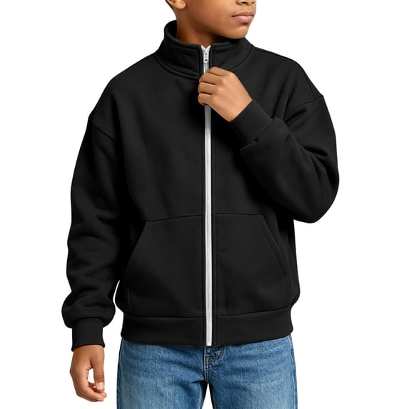 Cethrio Boys Full Zip Sweatshirts, Stand Collar Casual Fleece-lined Long Sleeve Fall Jackets with Pockets Size 13-14 Years Black