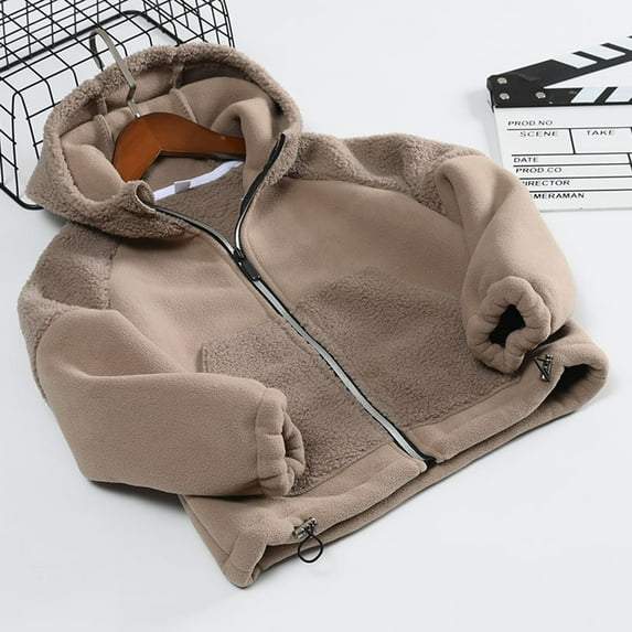 Cethrio Boys Girls Fleece Jackets, Zip up Long Sleeve Warm Thickened Fall Winter Coats Khaki Size 6-7T