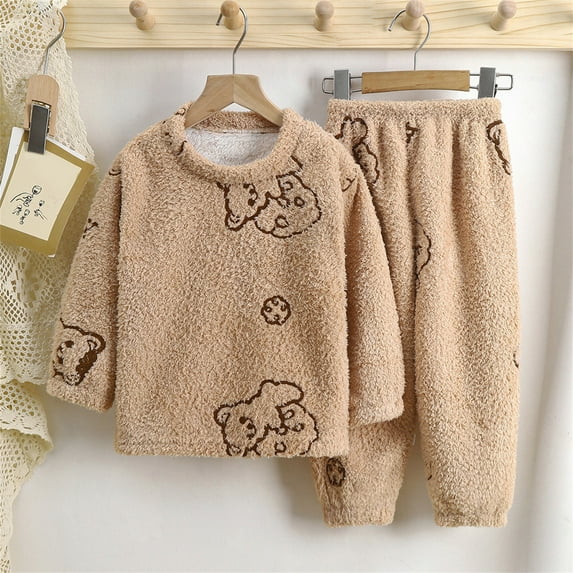 Cethrio Boys Girls Pajama Sets, 2 Piece Comfy Thickened Fall Winter Sleepwear Khaki Size 18-24 Months