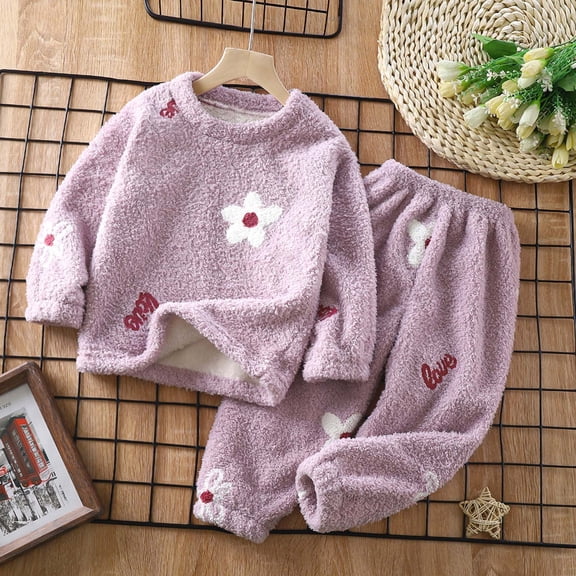 Cethrio Boys Girls Pajama Sets, 2 Piece Comfy Thickened Fall Winter Sleepwear Purple Size 18-24 Months