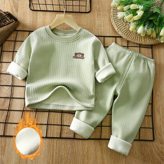 Cethrio Boys Girls Pajama Sets, 2 Piece Thickened Comfy Fall Winter Sleepwear Green Size 18-24 Months