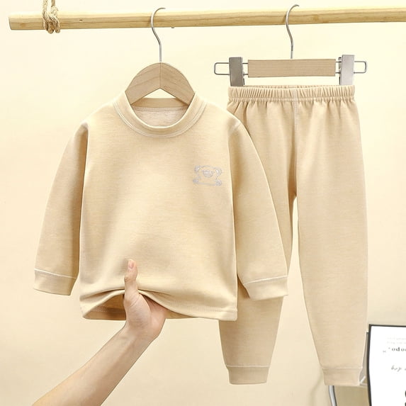 Cethrio Boys Girls Thermal Underwear, Warm 2 Piece Long Sleeve Tops and Bottoms for Kids Beige Size 7-9 T
