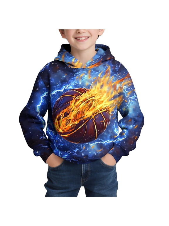 Boys Graphic Hoodies, Pullover Long Sleeve Casual Fashion Sweatshirts for Boys Blue Size 10-12
