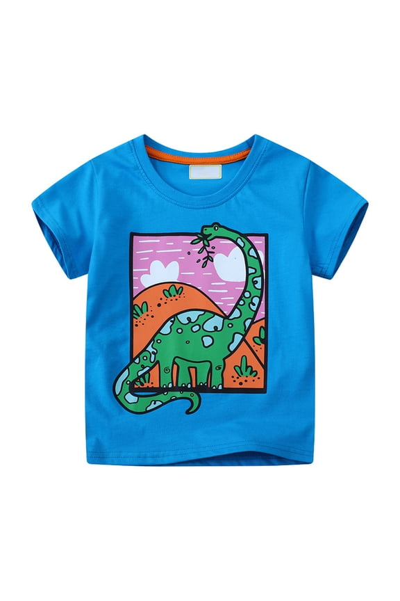 Boys Graphic Tees, Short Sleeve Crewneck Cotton Boys T-shirts Summer Tops Blue Size 7 T