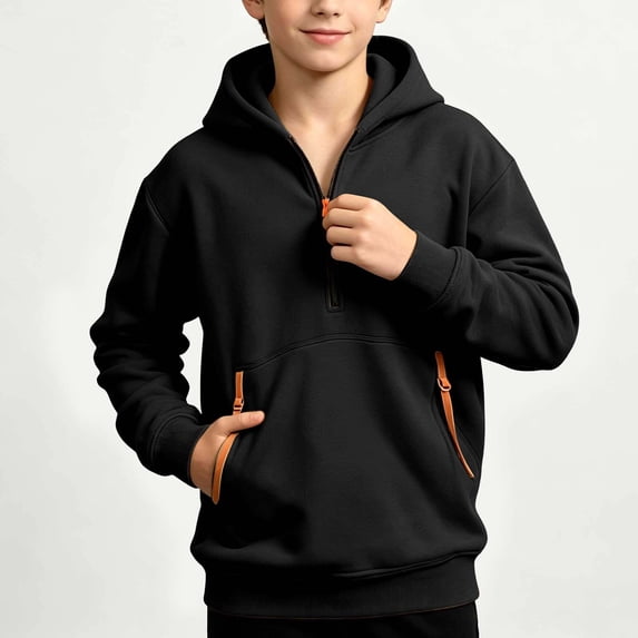 Cethrio Boys Half Zip Hoodies Size 9-10 Years, Pullover Long Sleeve Casual Fleece-lined Boys Hooded Sweatshirts Black