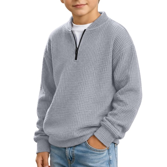 Cethrio Boys Half Zip Sweatshirts Size 10-12, Waffle Knit Long Sleeve Casual Pullover Boys Fall Tops Gray
