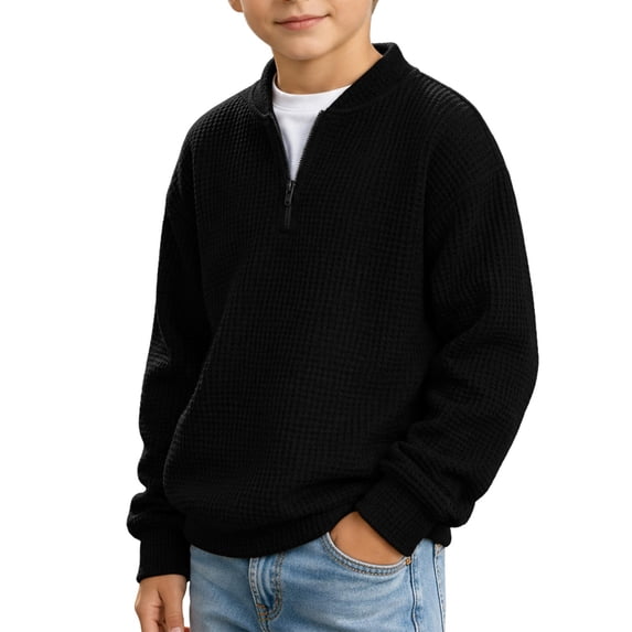Cethrio Boys Half Zip Sweatshirts Size 13-14 Years, Casual Pullover Long Sleeve Waffle Knit Boys Fall Tops Black