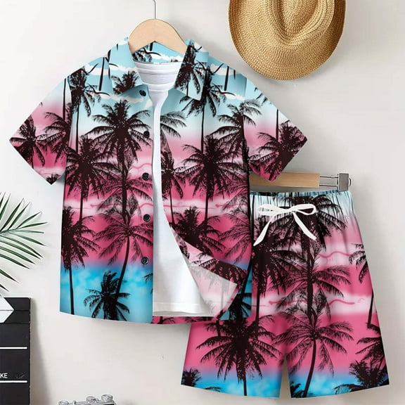 Cethrio Boys Hawaiian Outfit Sets, Fashion Holiday Short Sleeve Beach Shirt & Short Hot Pink Size 7 T