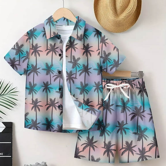 Cethrio Boys Hawaiian Outfit Sets, Fashion Short Sleeve Holiday Beach Shirt & Short Navy Size 7 T
