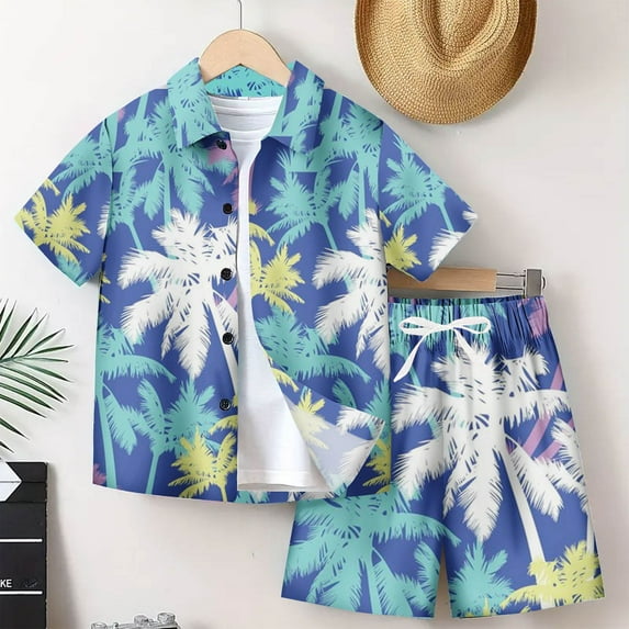 Cethrio Boys Hawaiian Outfit Sets, Short Sleeve Holiday Fashion Beach Shirt & Short Blue Size 9 T