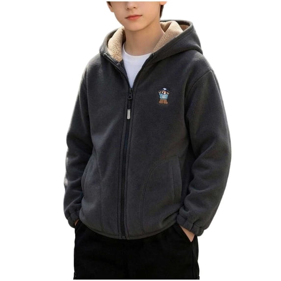 Cethrio Boys Hooded Fleece Jacket, Full Zip Warm Embroidery Lightweight Fall Winter Outerwear Size 3-4 Years Dark Gray