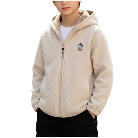 Cethrio Boys Hooded Fleece Jacket, Lightweight Full Zip Embroidery Warm Fall Winter Outerwear Size 7-8 Years Beige