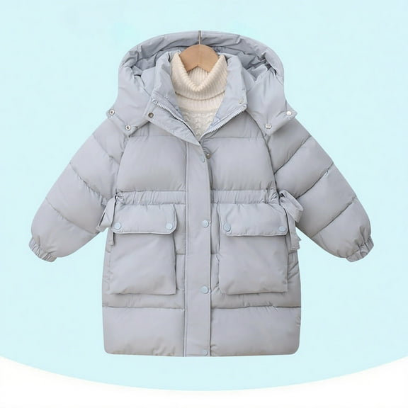 Cethrio Boys Hooded Puffer Jacket, Zip up Windproof Mid-length Warm Kids Winter Coats Gray Size 10-12