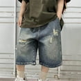 thumbnail image 1 of Cethrio Boys Jean Shorts Size 10-12 T, 2025 Summer Elastic Waist Loose Denim Shorts Blue, 1 of 3