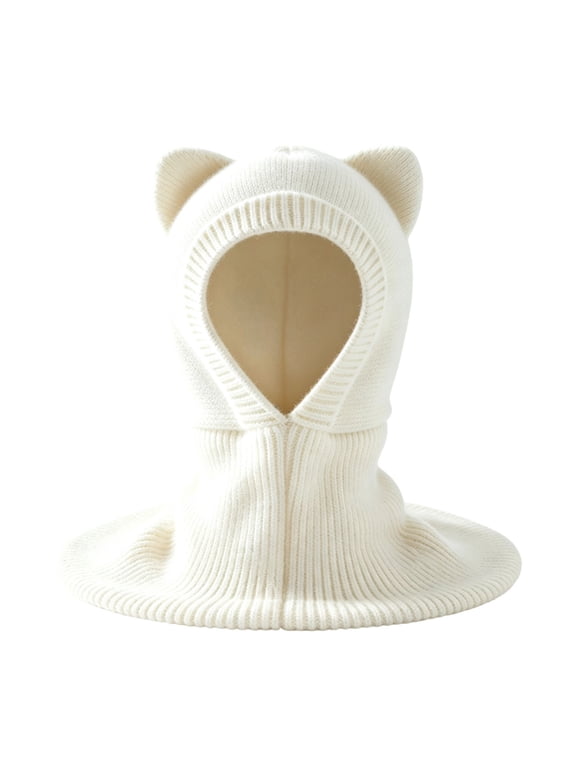 Boys Knitted Balaclava Hats, Warm Winter Windproof Outdoor Full Face Hood Neck Warmer Scarf for Kids Size 3-10 Years White