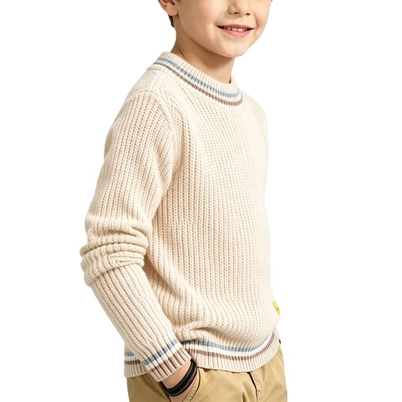 Cethrio Boys Knitted Sweaters, Fashion Long Sleeve Crew Neck Pullover Fall Winter Tops Beige Size 10-11T