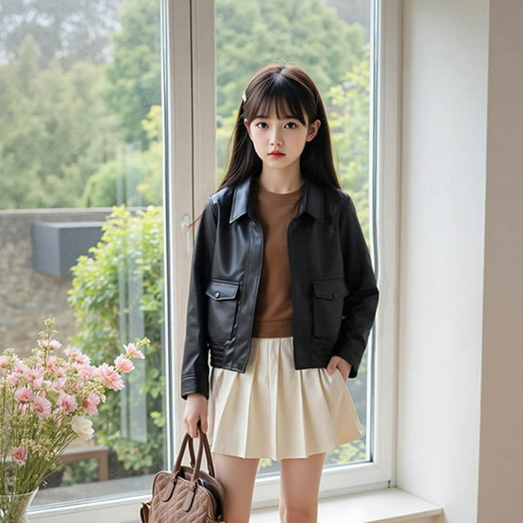 Cethrio Boys Leather Jackets, Waterproof PU Long Sleeve Full Zip Fashion Jackets Black Size 10