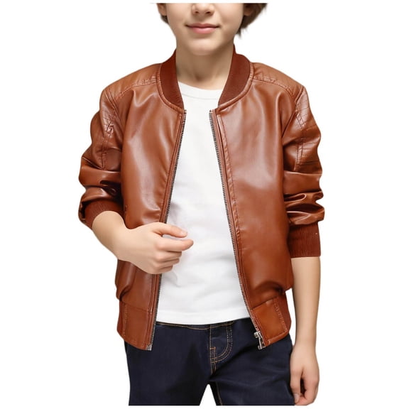 Cethrio Boys Leather Jackets, Waterproof Long Sleeve Zip up PU Fashion Jackets Brown Size 8