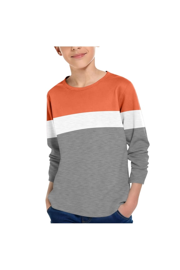 Boys Long Sleeve Tops, Colour Blocking Casual Pullover Crew Neck Undershirts for Boy Orange Size 7-8