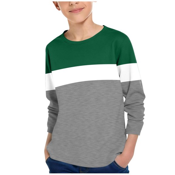 Cethrio Boys Long Sleeve Tops, Colour Blocking Crew Neck Pullover Casual Undershirts for Boy Green Size 10-12