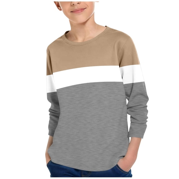 Cethrio Boys Long Sleeve Tops, Colour Blocking Crew Neck Pullover Casual Undershirts for Boy Khaki Size 9-10 T