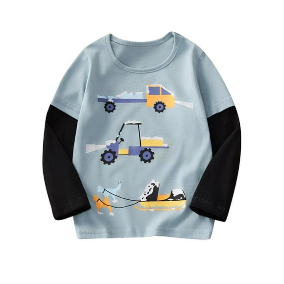 Cethrio Boys Long Sleeve Tops, Cotton Casual Pullover Crewneck Boys' Graphic Tees Light Blue Size 6-7 T