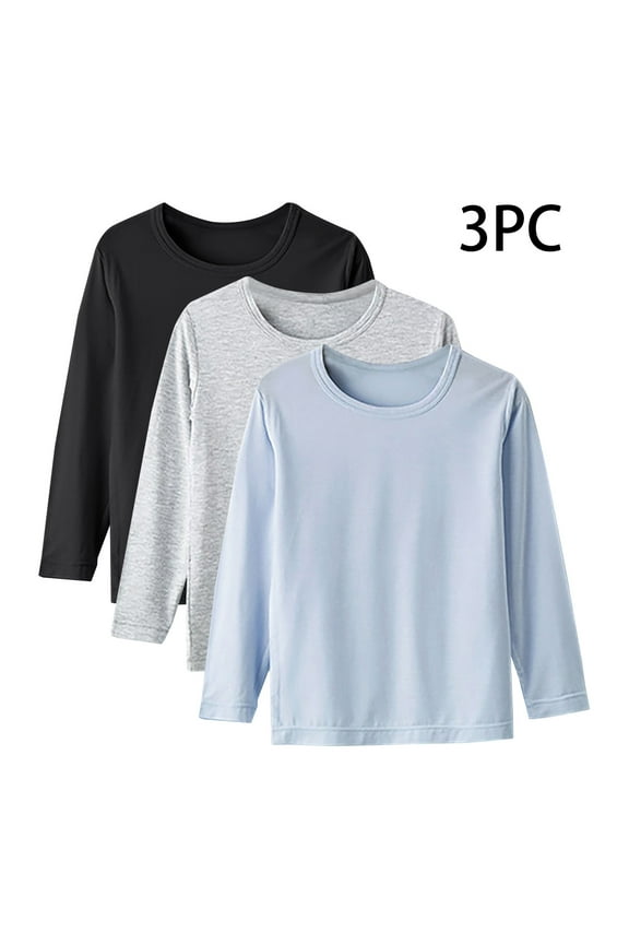 Boys Long Sleeve Tops, Soft Pullover Cotton 3 Pieces Kids Undershirts Multicolor Size 1-15T